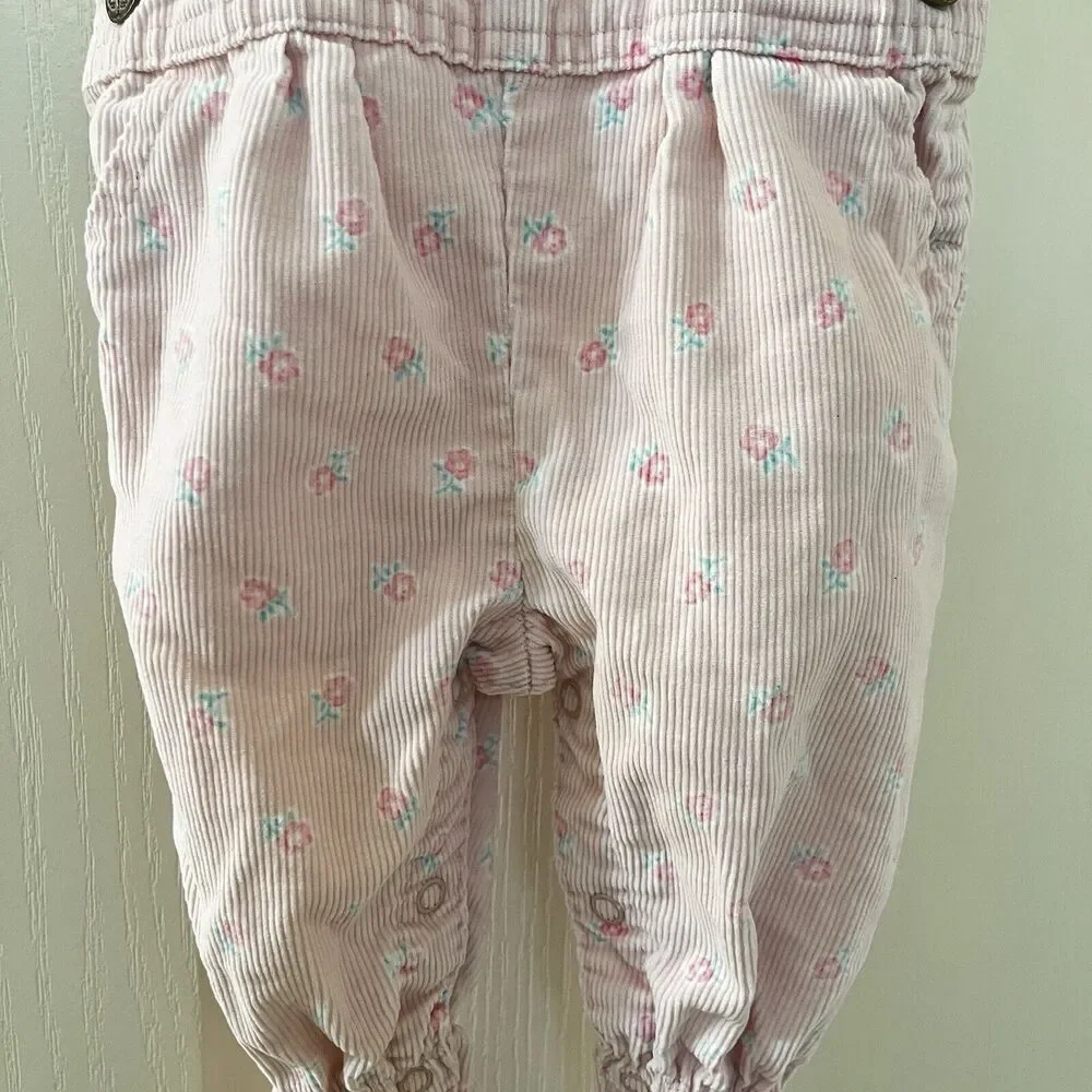 Vintage Oshkosh B'gosh Pink Floral Corduroy Overalls with Feet USA SZ 3-6 Months